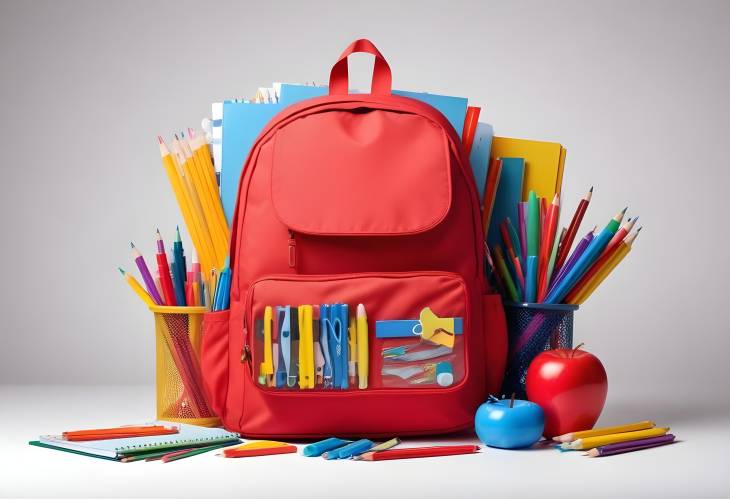 Red Backpack Loaded with School Supplies on White Isolated Background, Perfect for School Use