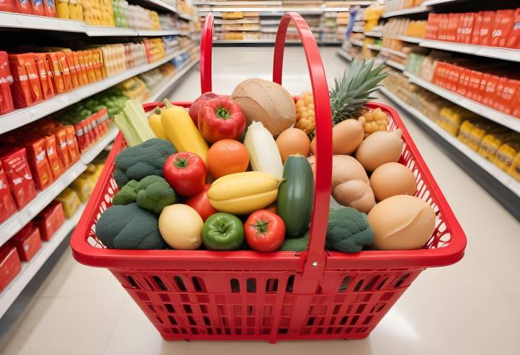 Red Basket Filled with Fresh Groceries for a Supermarket Haul