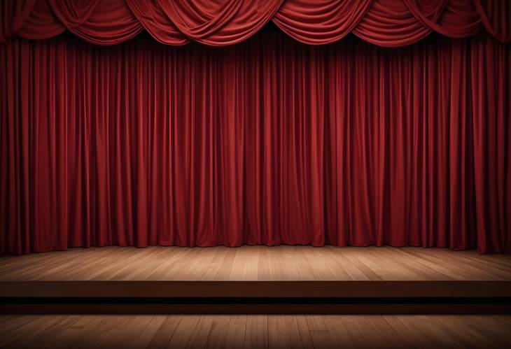 Red Brown Curtain with Wooden Flooring on Theater Stage and Backstage Overview