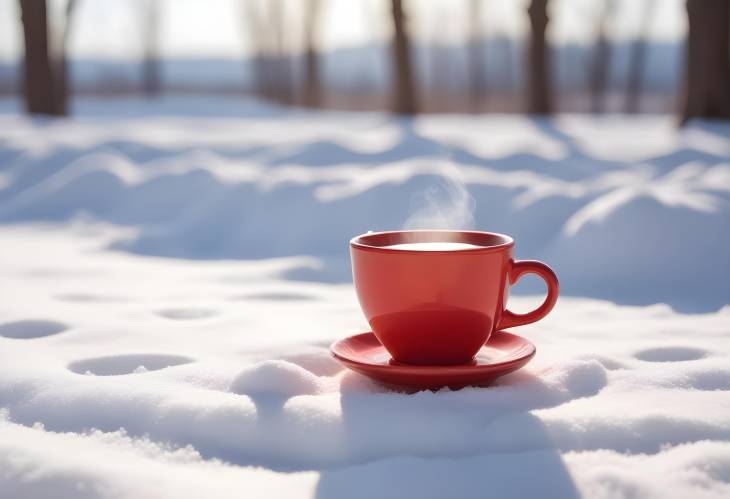 Red Ceramic Cup with Hot Tea on Snowy Ground, Bright Winter Day with Blurred Background