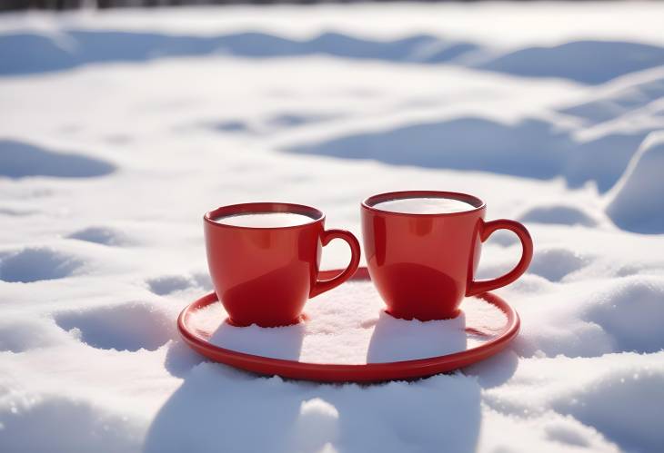 Red Ceramic Cup with Hot Tea on Snowy Surface, Bright Winter Day, Blurred Effect