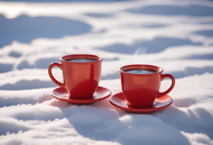 Red Ceramic Mug with Hot Tea on Snowy Background, Sunny Winter Day, Out of Focus