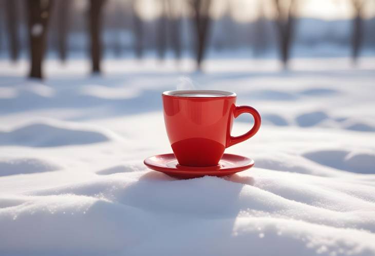 Red Ceramic Mug with Hot Tea on Snowy Ground, Clear Winter Day, Blurred Background