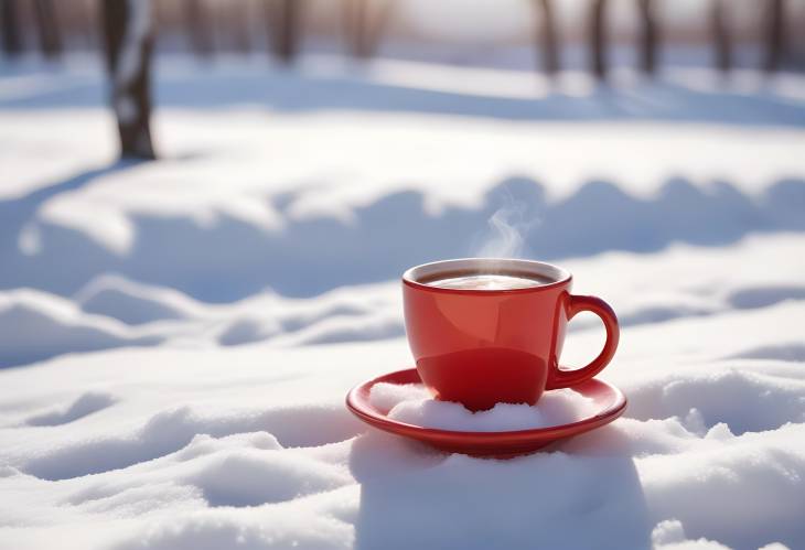 Red Ceramic Mug with Hot Tea on Snowy Surface, Sunny Winter Day with Blurred Background