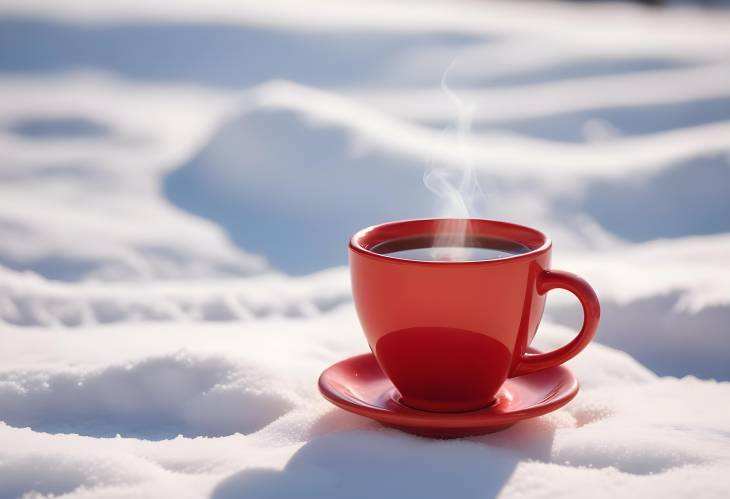 Red Ceramic Tea Cup with Hot Beverage on Snow, Clear Winter Day, Out of Focus Background