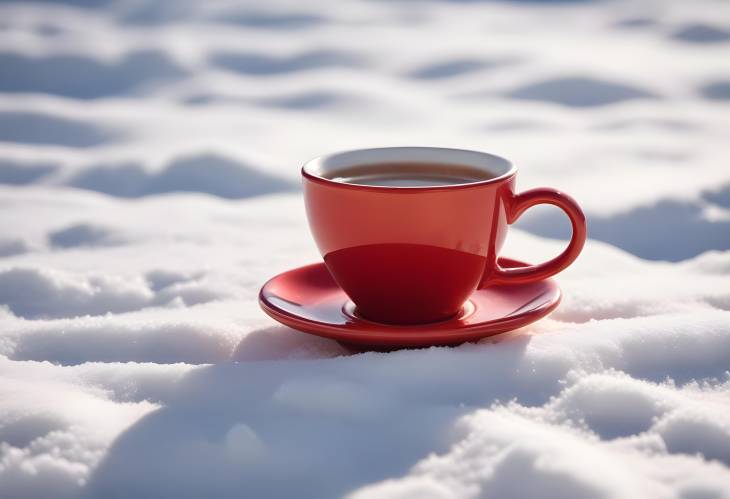 Red Ceramic Tea Cup with Hot Beverage on Snowy Surface, Clear Winter Day, Blurred