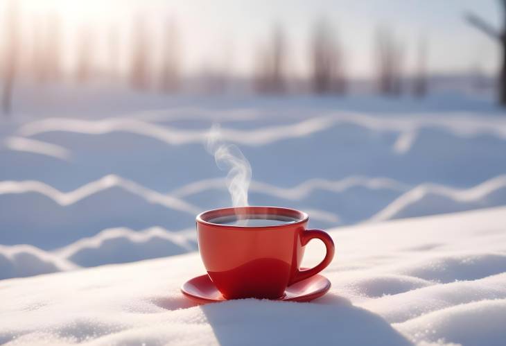 Red Ceramic Tea Mug with Hot Tea on Snowy Background, Sunny Day, Blurred Out