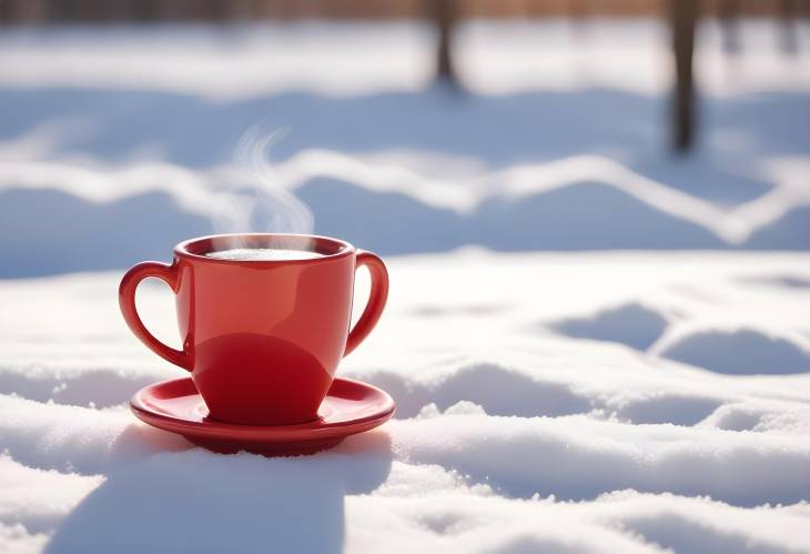 Red Ceramic Tea Mug with Hot Tea on Snowy Surface, Sunny Day with Blurred Background