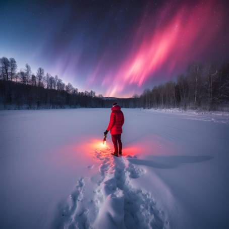 Red Flashlight Wielding Tourist in Snowy Field with Aurora Borealis and Starry Sky Winter Wonderland