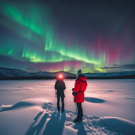 Red Flashlight Wielding Tourist in Snowy Field with Stunning Aurora Borealis and Starry Night Sky