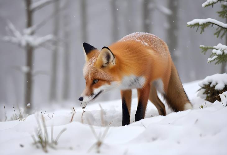 Red Fox in Deep Snow with Snowfall in Sumava National Park, Bohemian Forest, Czech Republic