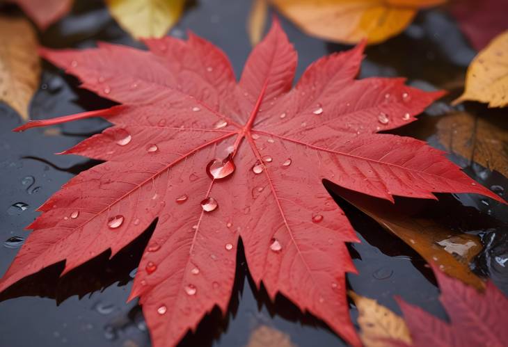 Red Leaf with Water Droplets Autumn CloseUp in New Hampshire, New England