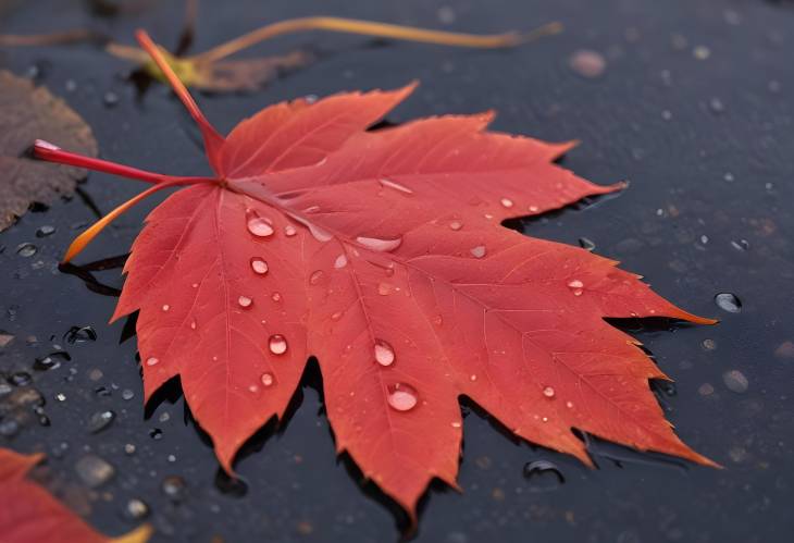 Red Leaf with Water Droplets Autumns Beauty in New Hampshire, New England