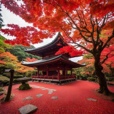 Red Maple Leaves and Homangu Kamado Shrine Autumn Splendor in Fukuoka, Japan