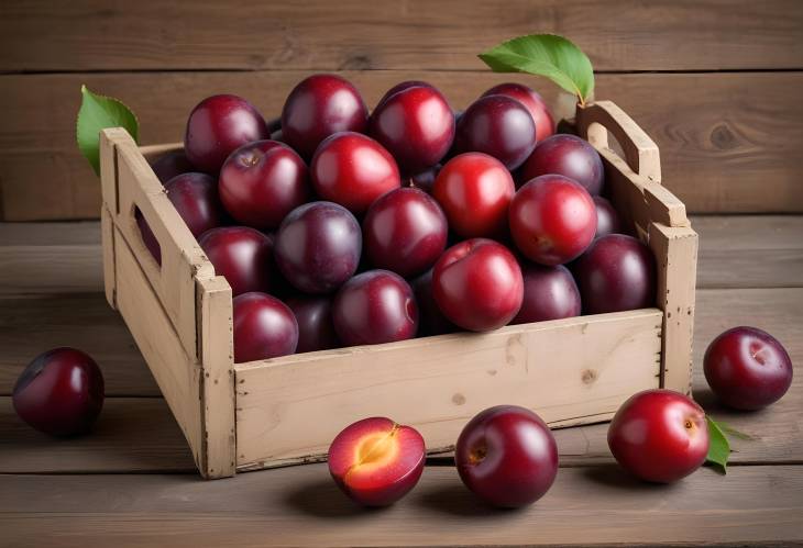 Red Plums in a Rustic Wooden Harvest Crate