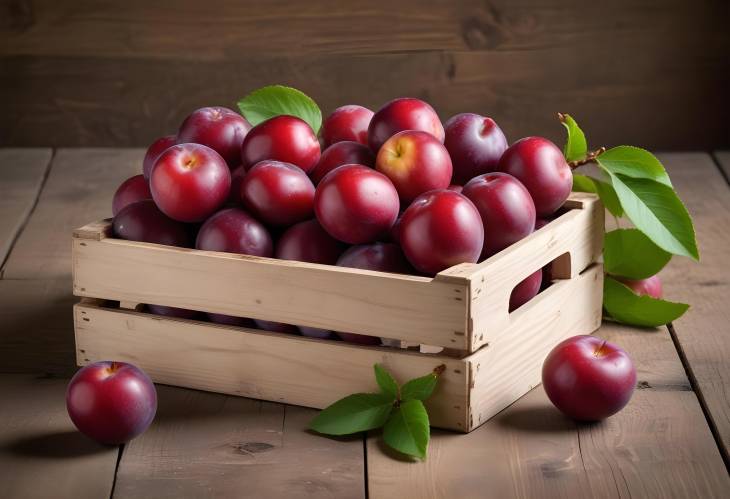 Red Plums in a Wooden Crate with Rustic Charm