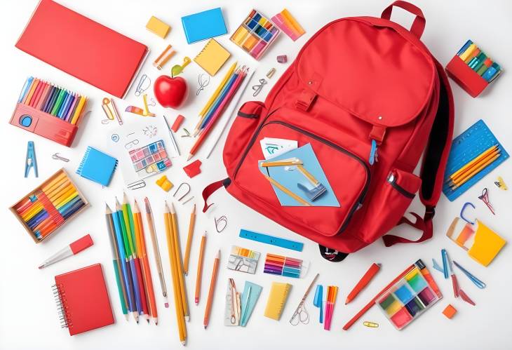 Red School Backpack with Assorted Supplies on White Isolated Background for Students