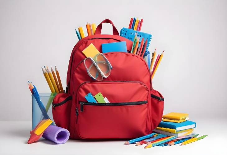 Red School Backpack with School Supplies on a Clean White Isolated Background