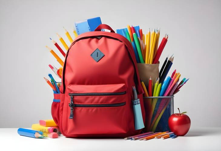 Red School Backpack with School Supplies on a White Isolated Background, Perfect for Students