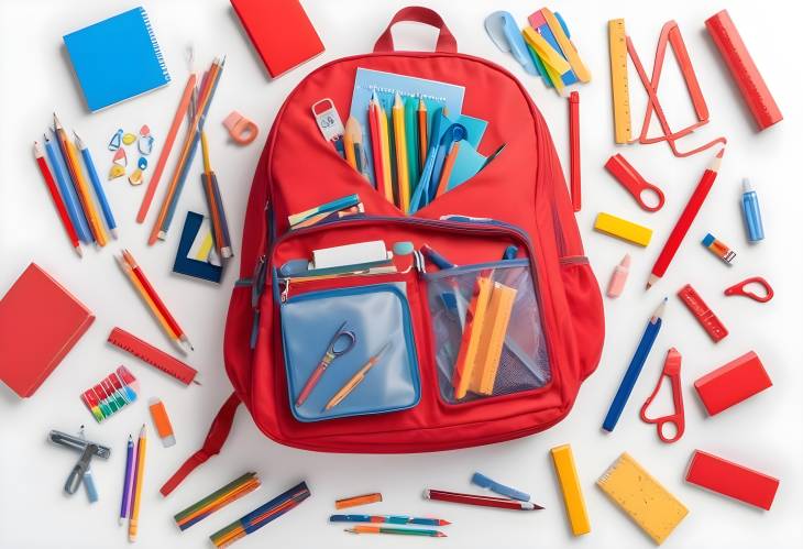 Red School Backpack with Stationery Supplies on White Isolated Background, Ideal for Students