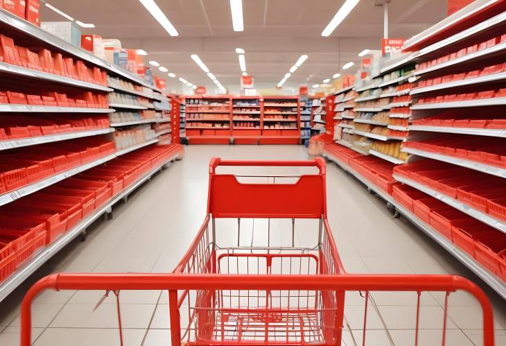 Red Shopping Cart in Supermarket Interior Empty Aisles and Clean Design