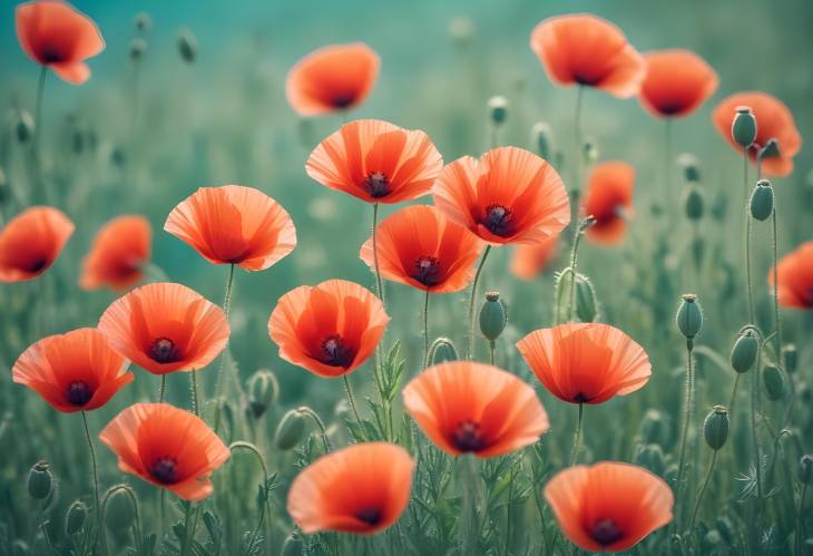 Red Spring Poppies in Turquoise Field with Artistic Toning