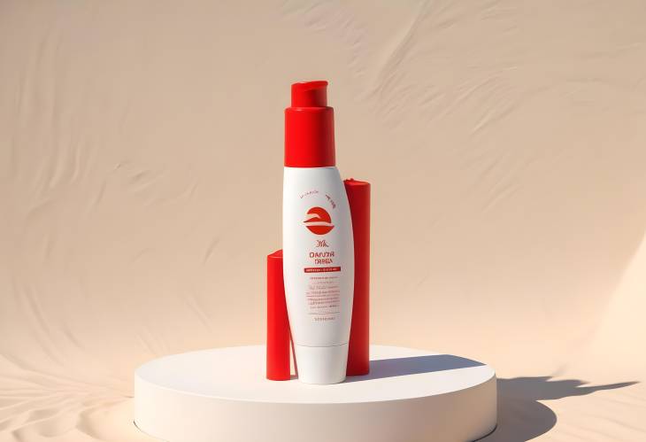 Red Sunscreen Tube on Round Podium, Protection Against UV Rays and Sun Damage for Skin Health