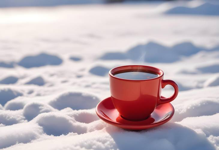 Red Tea Cup with Hot Beverage on Snow, Bright Winter Day with Blurred Background