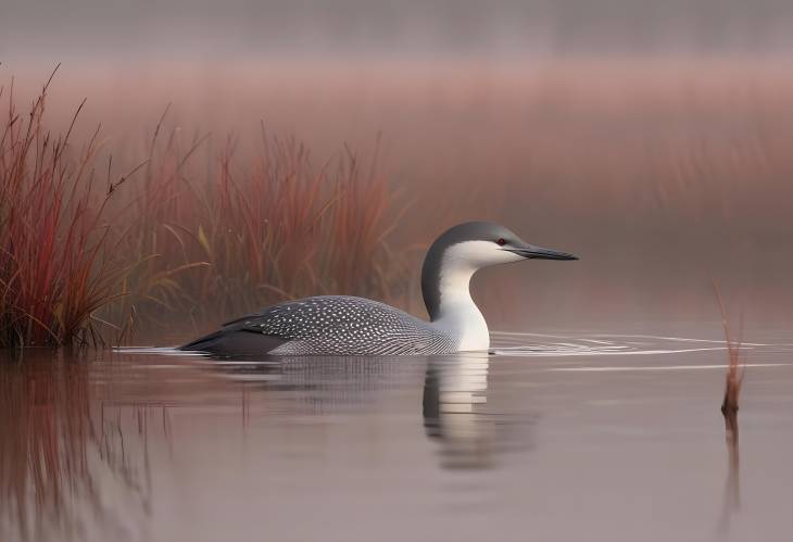 Red Throated Loon in Dawn Mist Over a Bog