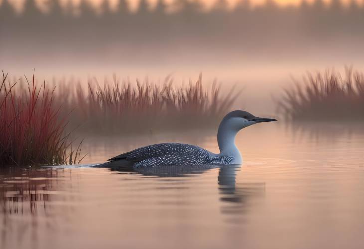 Red Throated Loon in Early Morning Mist Over Bog