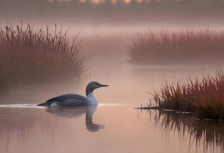 Red Throated Loon in Misty Sunrise Over Wetland Bog