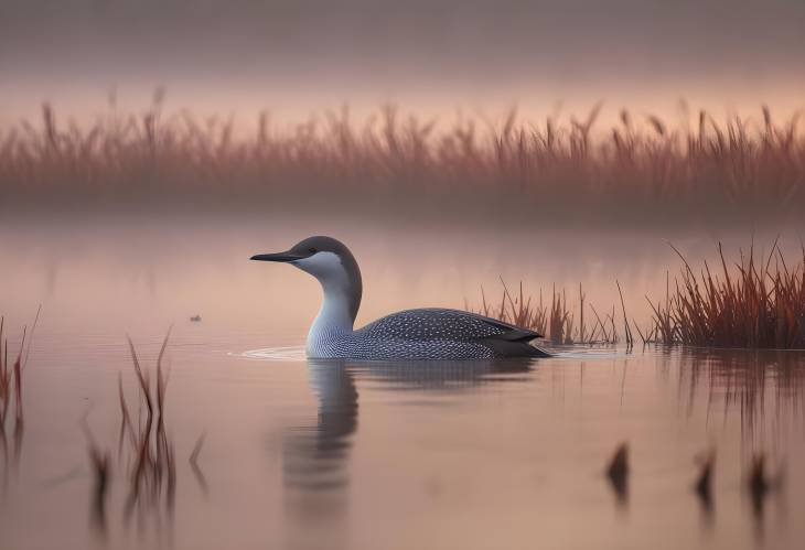 Red Throated Loon in Sunrise Mist Over Northern Bog