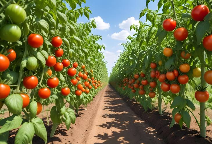 Red Tomatoes Ripening in the Summer Sun Tomato Field Ready for Harvest