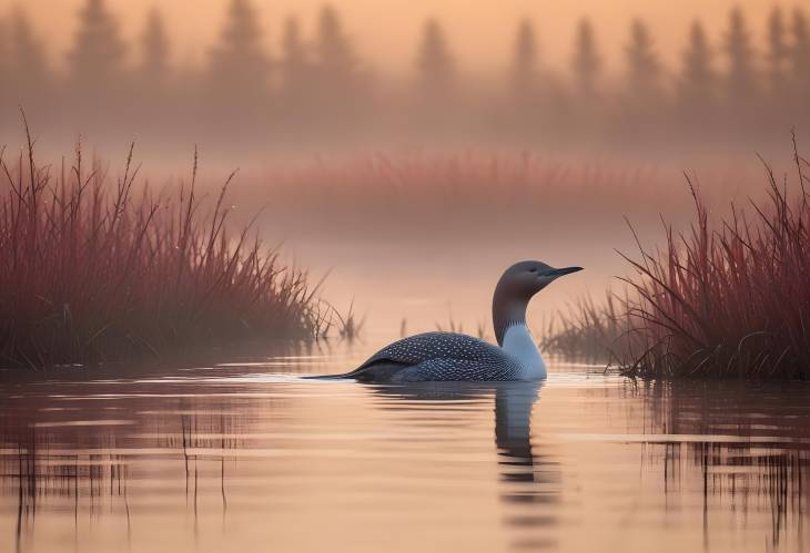 RedThroated Loon in Bogland Mist at Sunrise