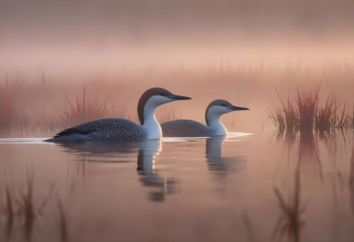 RedThroated Loon in Misty Bog at Dawn Tags Redthroated loon, Gavia stellata, misty bog