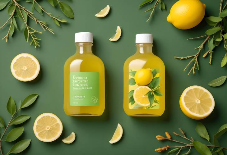 Refined Lemon Extract Cosmetic Mockup with Yellow Bottle, Lemon Slices, and Dry Twigs on Green Back