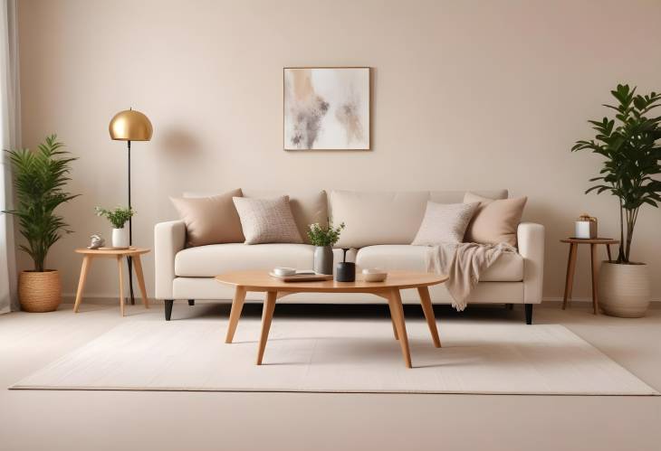 Refined Living Room with Soft Beige Carpet, Coffee Table, and Sofa  Interior Design from Low Angle