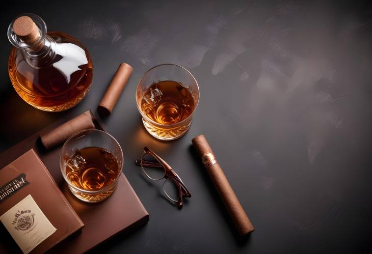 Refined Taste Scotch Whiskey Bottle, Cigar, and Glasses Flat Lay