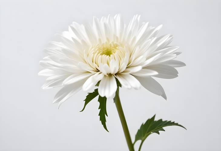 Refined White Chrysanthemum Flower with Stem, Isolated on White Background