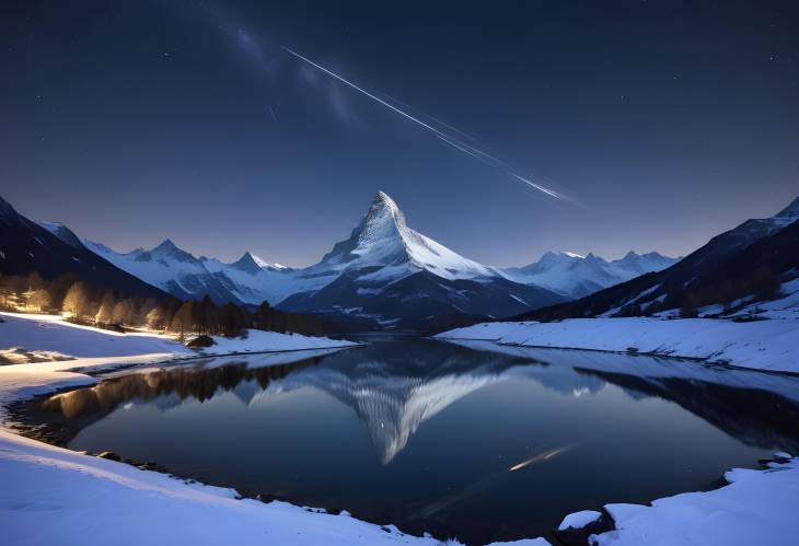 Reflections of Matterhorn Snow Covered Peaks and Starry Sky Above Sellisee, Switzerland