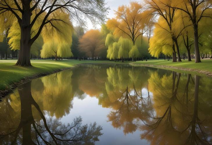 Reflective Trees on a Small Lake in City Park