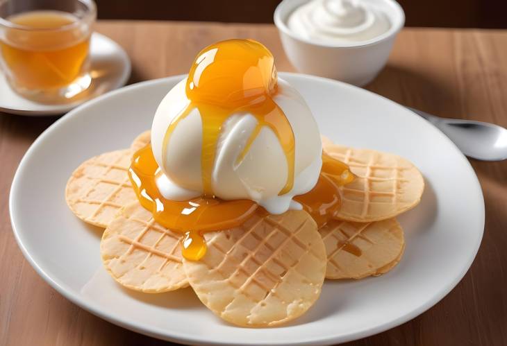 Refreshing Dessert Crispy Wafers with Yogurt Ice Cream  Honey Drizzle