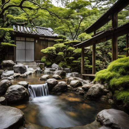 Refreshing Water Flow in a Japanese Open Air Onsen Bath