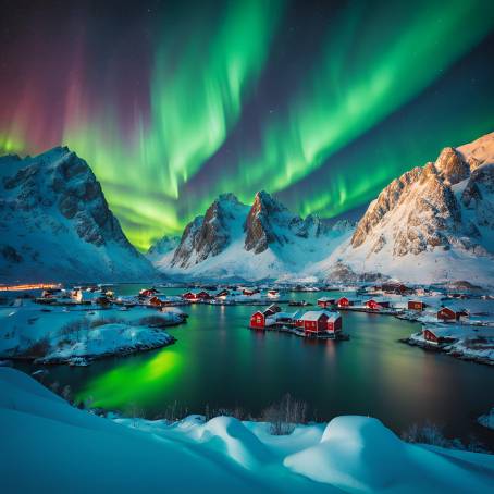 Reine Winter Magic Colorful Northern Lights Above Lofoten Mountains