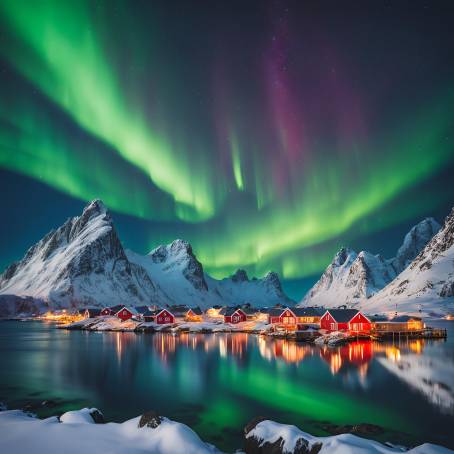 Reine Winter Splendor Colorful Northern Lights Above Lofoten Islands Peaks