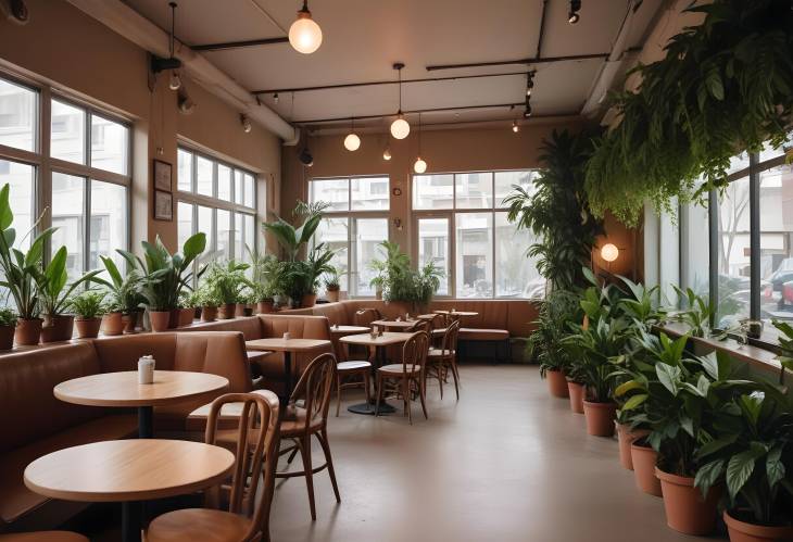 Relaxed Cafe Interior with Indoor Plants  Modern and Inviting Design