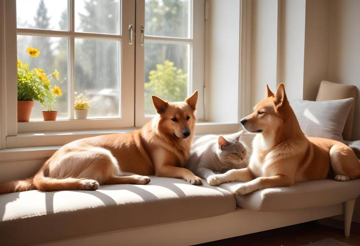 Relaxed Dogs and Cat in a Sunny Living Room Idyllic Scene of Multi Pet Harmony