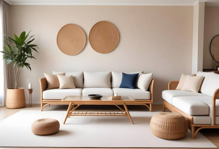 Relaxing Living Room with Sofas, Rattan Table, and Soft Carpet for a Cozy Space