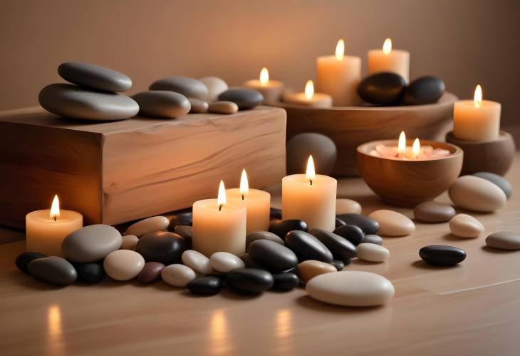 Relaxing Spa Experience with Elegant Candles, Smooth Stones, and Essential Oils