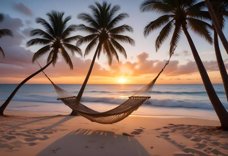 Relaxing Sunset on Beachfront with Hammock Between Palms and Gentle Ocean Waves Rolling In